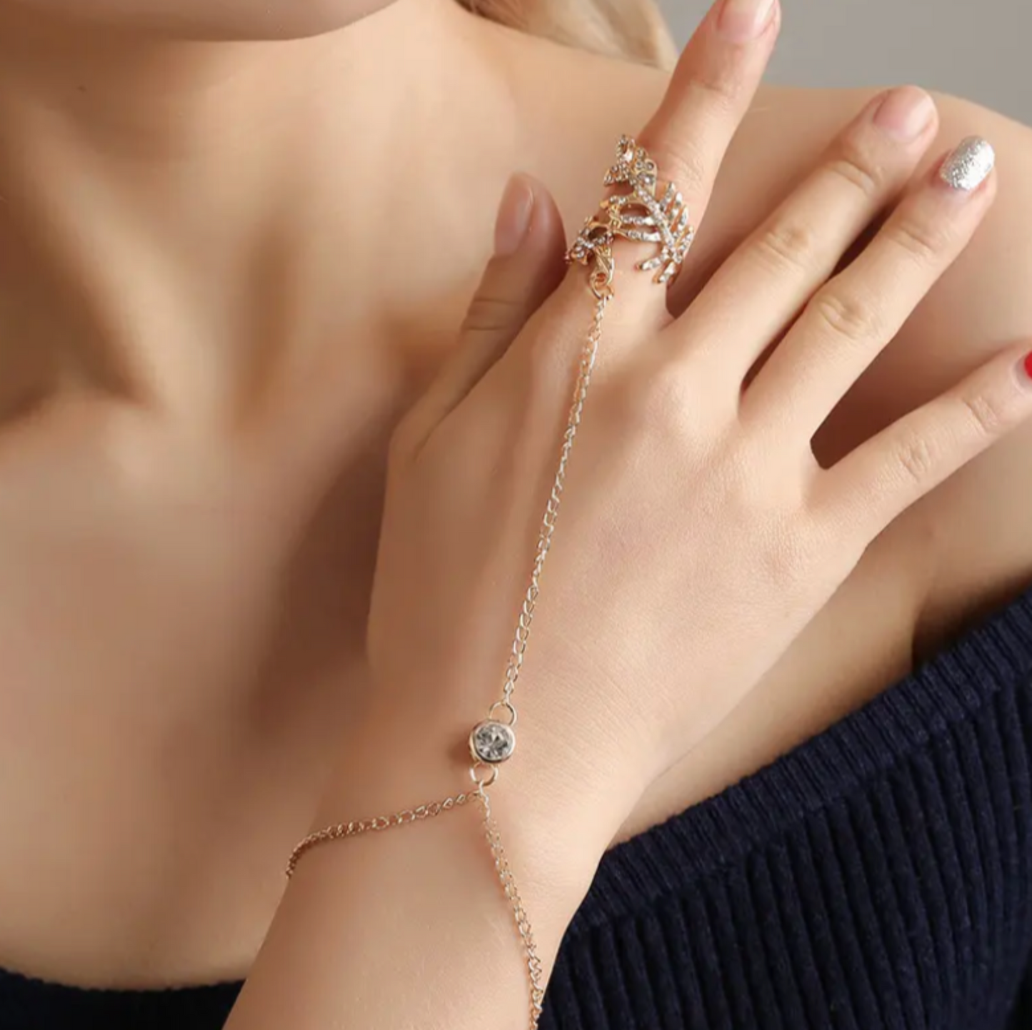 Gold Crystal Leaf Ring Chain Linked Bracelet