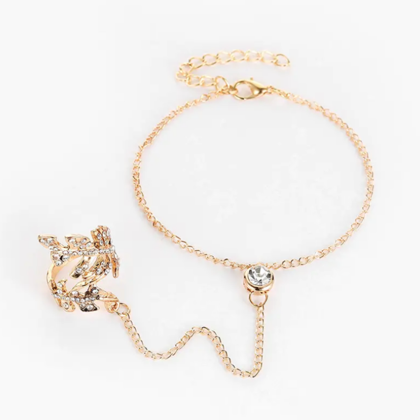 Gold Crystal Leaf Ring Chain Linked Bracelet