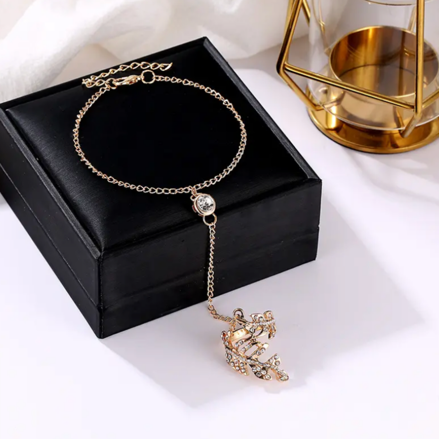 Gold Crystal Leaf Ring Chain Linked Bracelet