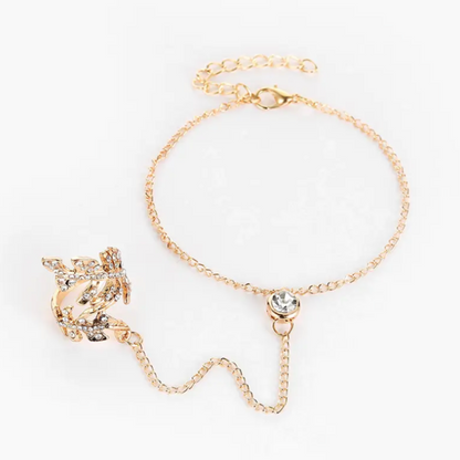 Gold Crystal Leaf Ring Chain Linked  Bracelet