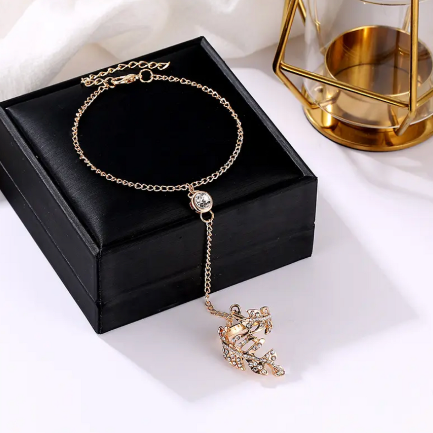 Gold Crystal Leaf Ring Chain Linked  Bracelet